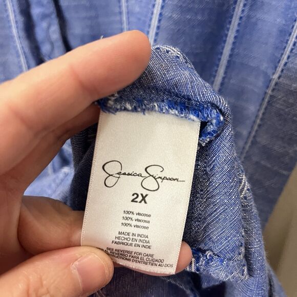 Jessica Simpson Blue Striped Button Up Long Sleeve Top Womens Size 2X Chambray - Picture 5 of 10
